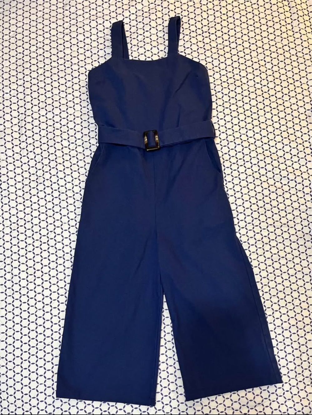 Monteau Los Angeles Jumpsuit S Navy Blue Linen Blend Belted Wide Leg Cropped